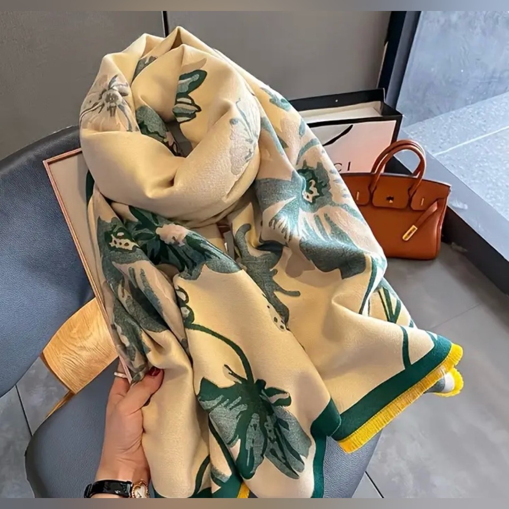 Elegant Floral yellow Cream and Green Scarf New